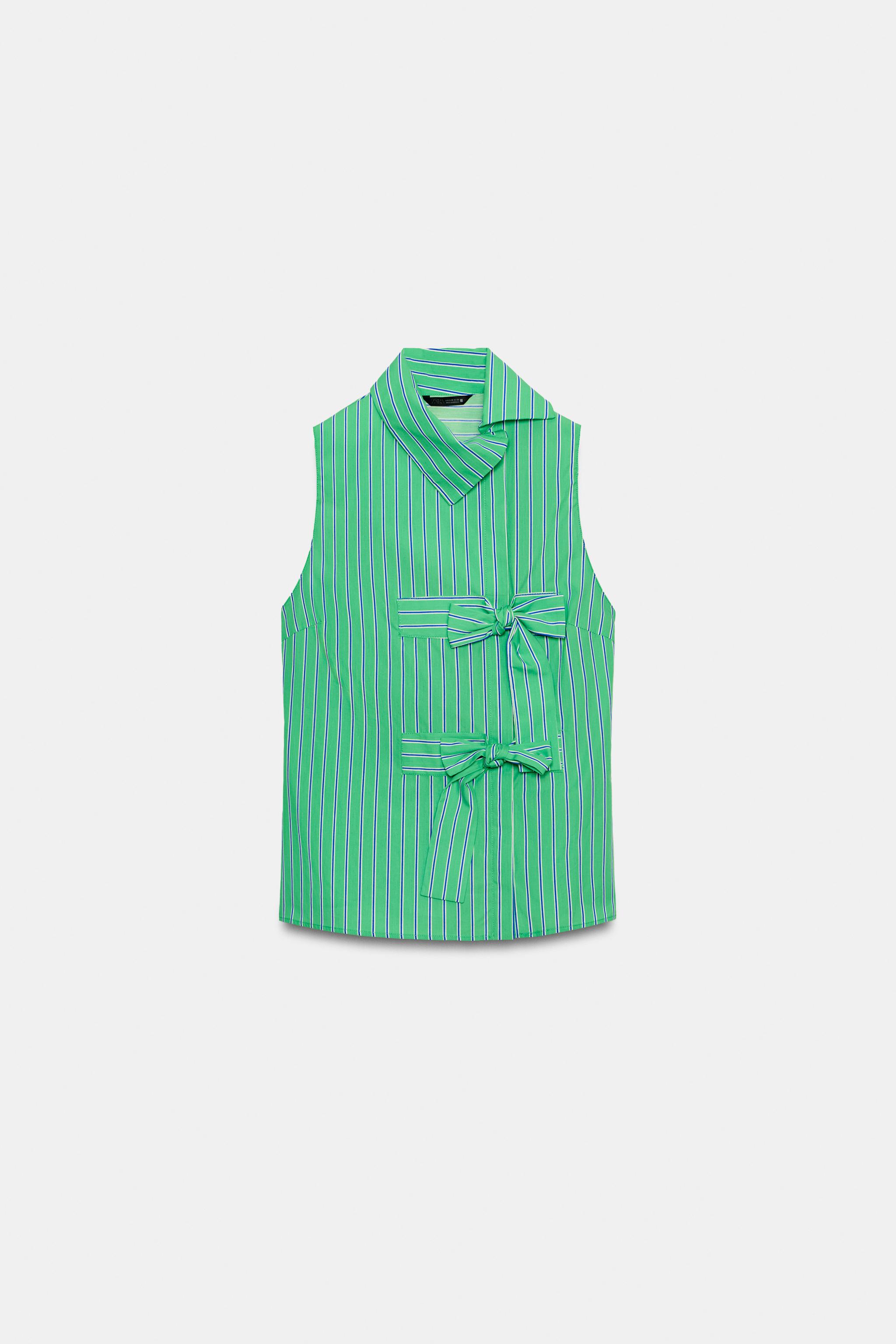 BOW TRIM STRIPED SLEEVELESS SHIRT